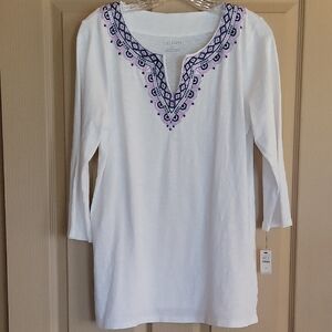 Talbots Embellished White and Purple Tunic Top